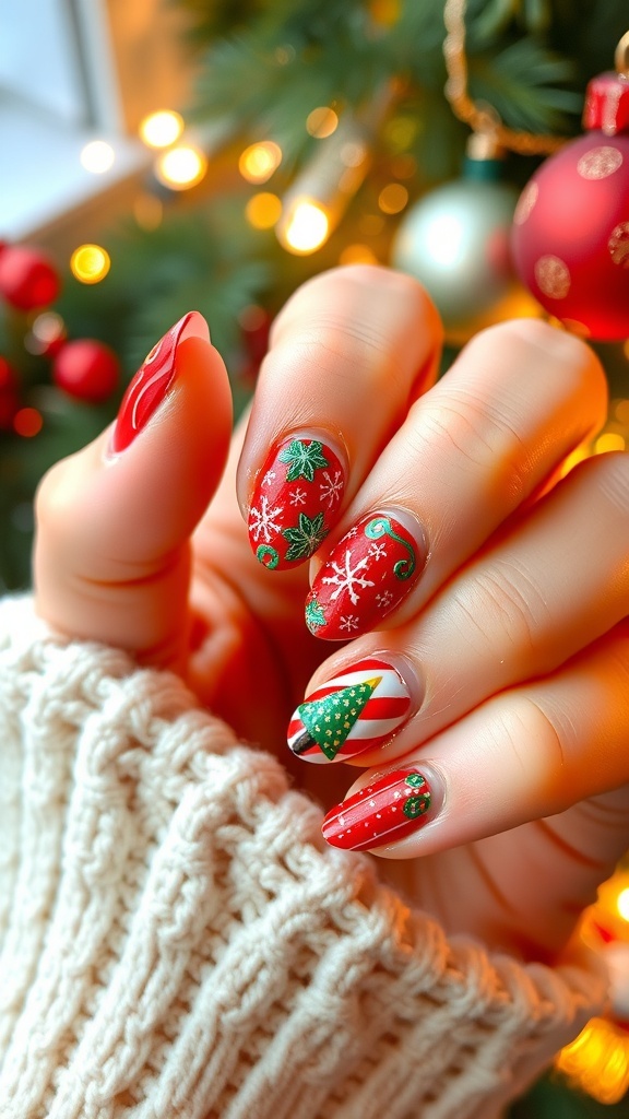 Festive Christmas Nail Designs You Can Do at Home A display of Christmas-themed nail art designs including red and green colors, snowflakes, candy cane stripes, and Christmas trees.